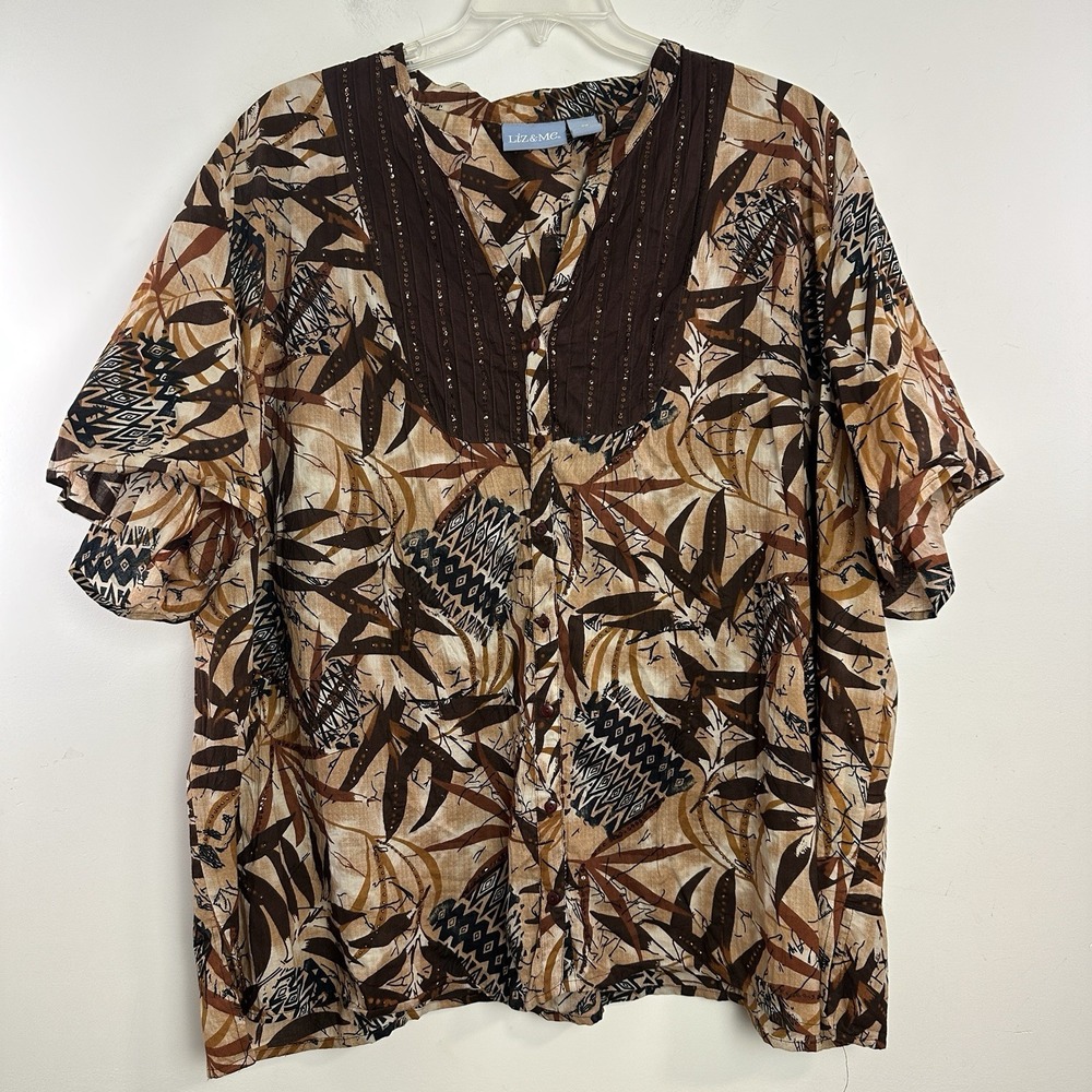 Liz &‎ Me Womens Plus Size 2X Popover Brown Floral Beaded Sequin Pleated Relaxed